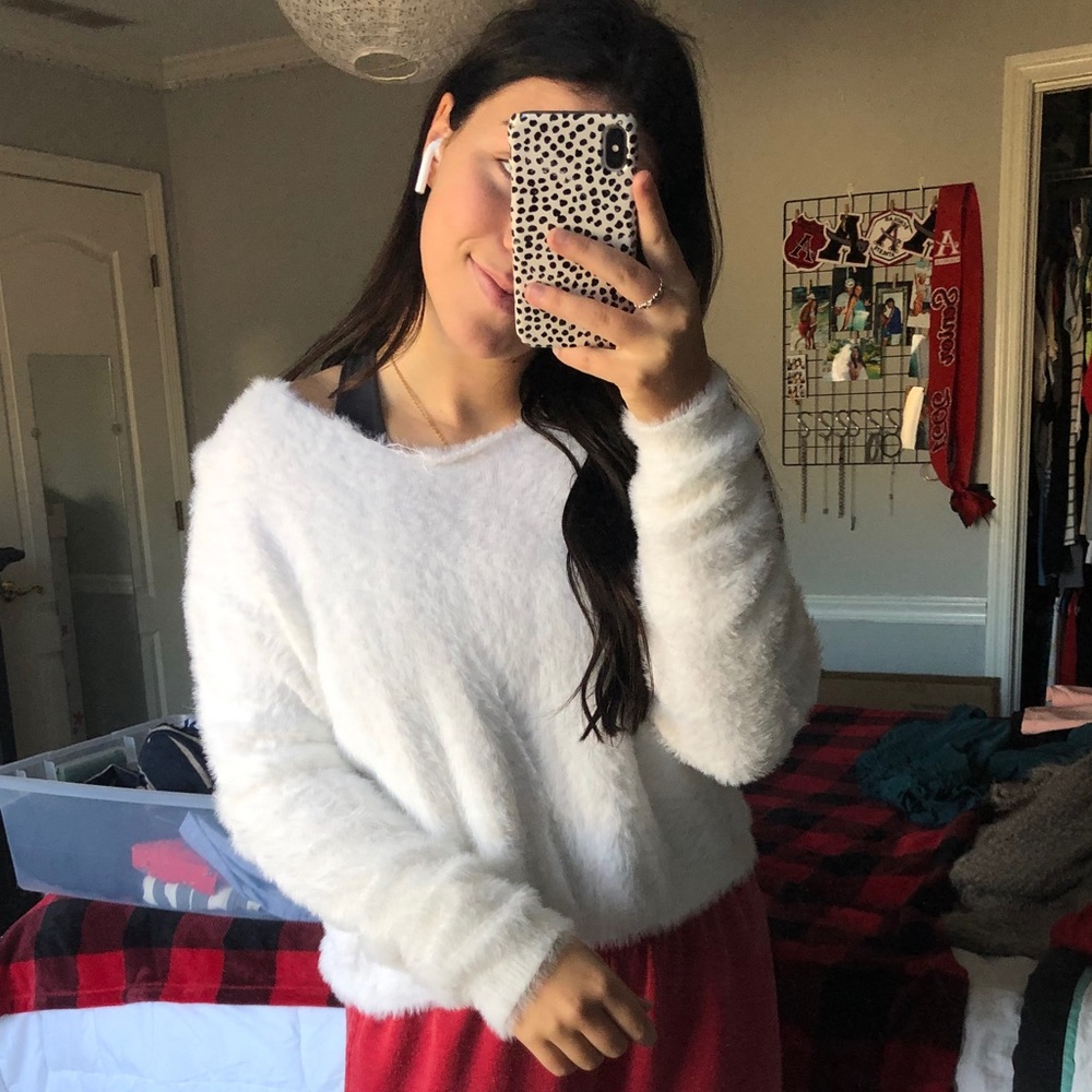 white fluffy crop sweater